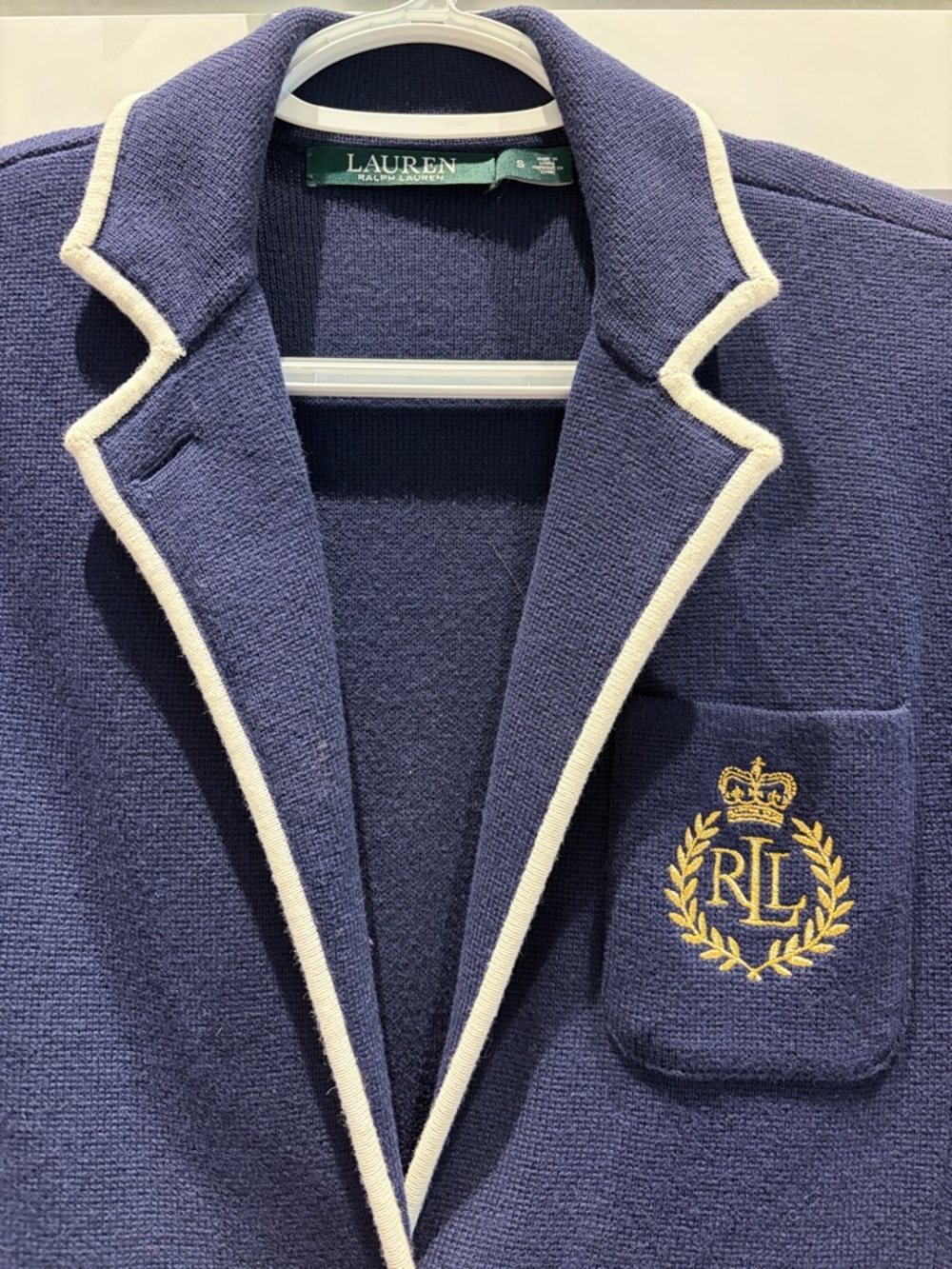 Ralph Lauren Navy Blazer with White Trim and Gold Crest Size Small